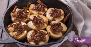 Skillet of baked apples and granola
