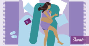 Pregnant woman cartoon laying in bed with body pillow